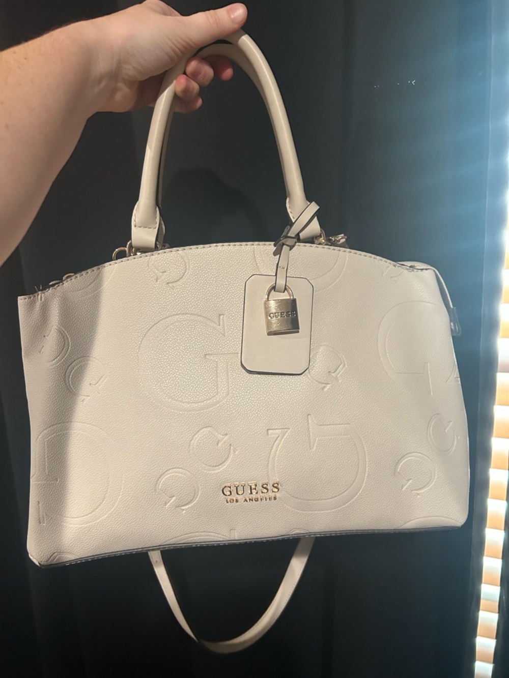 GUESS Cream Embossed Logo Satchel with Gold Hardware